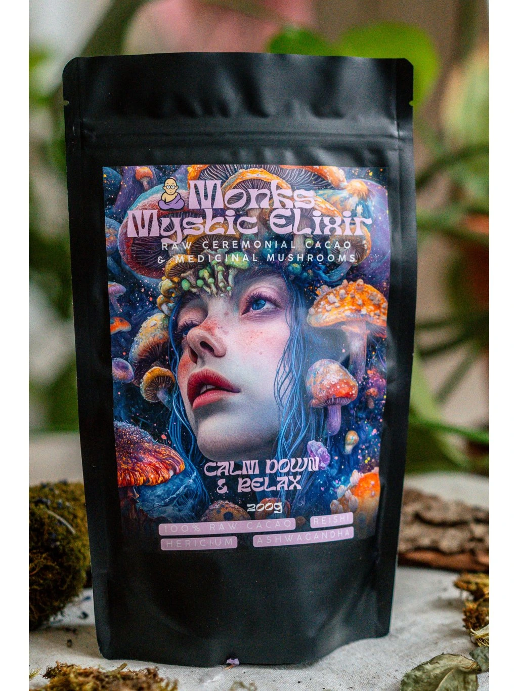 Mystic elixir CALM DOWN Monks - Raw ceremoniálne kakao s medic. hubami 200 g