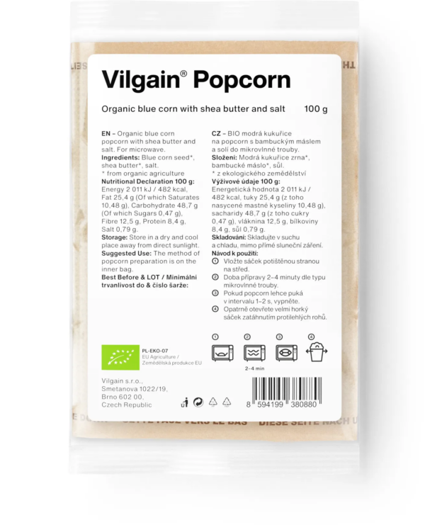 Kukurica na popcorn do mikrovlnky - solený z modrej kukurice BIO 100 g Vilgain